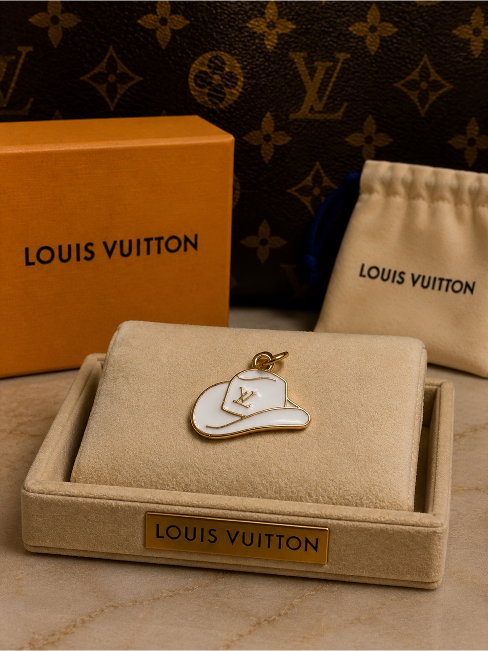Luxury LV stamped White and Gold Enamel Cowboy Hat Charm Pendant